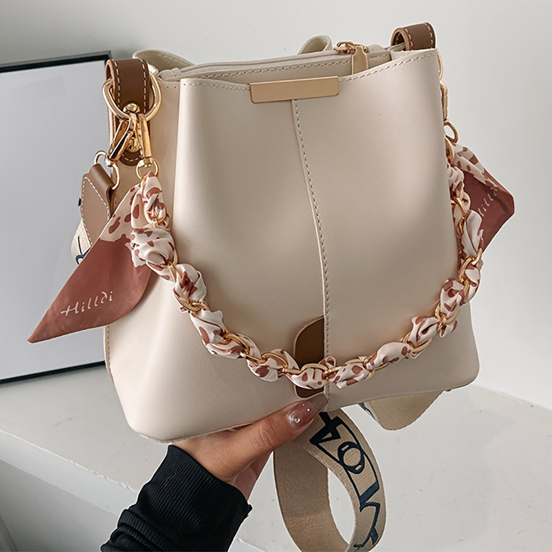 Women's Elegant Bohemian Bucket Crossbody Bag - Adjustable Shoulder Strap, Zipper Closure, with Golden-Tone Hardware, Versatile for Daily Commute & Casual Outings (Black/White)